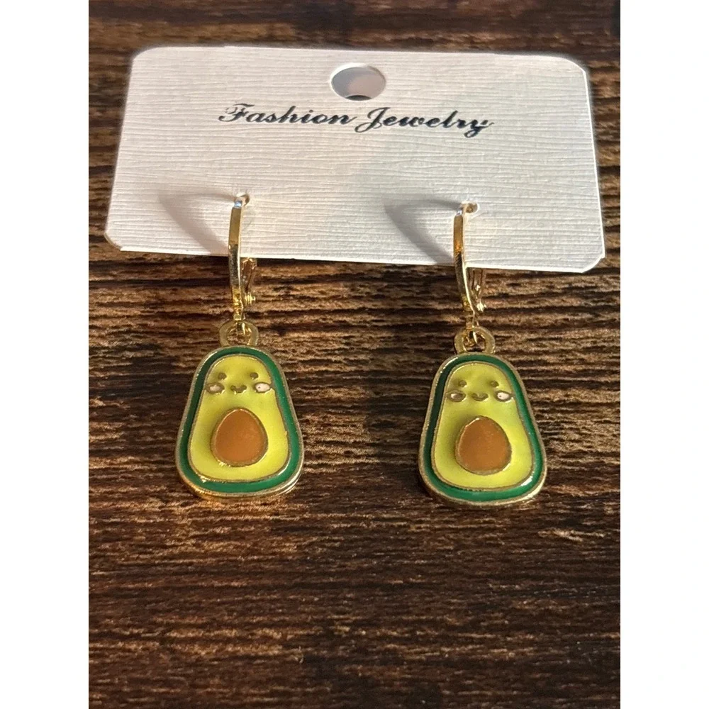 Kawaii Avocado Enamel Dangle Earrings Gold Tone Fruit Foodie Lever Back Hoops